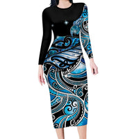 Maori Matariki - Manaia Family Matching Long Sleeve Bodycon Dress and Hawaiian Shirt Galaxy Blue Paua Shell LT7 Mom's Dress Blue - Polynesian Pride