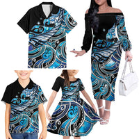 Maori Matariki - Manaia Family Matching Off The Shoulder Long Sleeve Dress and Hawaiian Shirt Galaxy Blue Paua Shell LT7 - Polynesian Pride