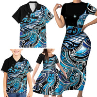 Maori Matariki - Manaia Family Matching Short Sleeve Bodycon Dress and Hawaiian Shirt Galaxy Blue Paua Shell LT7 - Polynesian Pride
