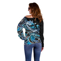 Maori Matariki - Manaia Off Shoulder Sweater Galaxy Blue Paua Shell