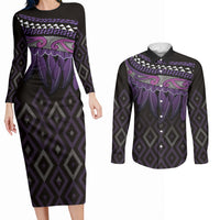 Aotearoa Maori Ngati Porou Iwi Couples Matching Long Sleeve Bodycon Dress and Long Sleeve Button Shirt Korowai Tukutuku Kaokao Motifs