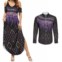 Aotearoa Maori Ngati Porou Iwi Couples Matching Summer Maxi Dress and Long Sleeve Button Shirt Korowai Tukutuku Kaokao Motifs