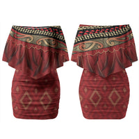 Aotearoa Maori Waikato Tainui Iwi Couples Matching Off Shoulder Short Dress and Hawaiian Shirt Korowai Tukutuku Kaokao Motifs
