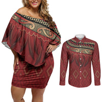 Aotearoa Maori Waikato Tainui Iwi Couples Matching Off Shoulder Short Dress and Long Sleeve Button Shirt Korowai Tukutuku Kaokao Motifs