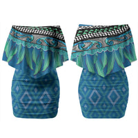 Aotearoa Maori Ngati Kahungunu Iwi Paua Blue Couples Matching Off Shoulder Short Dress and Hawaiian Shirt Korowai Tukutuku Kaokao Motifs