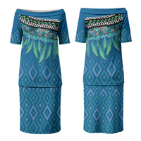 Aotearoa Maori Ngati Kahungunu Iwi Paua Blue Couples Matching Puletasi and Hawaiian Shirt Korowai Tukutuku Kaokao Motifs