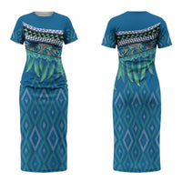 Aotearoa Maori Ngati Kahungunu Iwi Paua Blue Couples Matching Short Sleeve Bodycon Dress and Hawaiian Shirt Korowai Tukutuku Kaokao Motifs