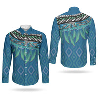 Aotearoa Maori Ngati Kahungunu Iwi Paua Blue Couples Matching Tank Maxi Dress and Long Sleeve Button Shirt Korowai Tukutuku Kaokao Motifs