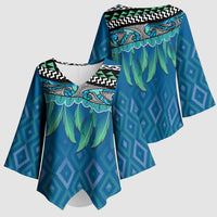 Aotearoa Maori Ngati Kahungunu Iwi Paua Blue Kimono Sleeve Blouse Korowai Tukutuku Kaokao Motifs
