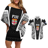 Personalised Fiji Rugby Couples Matching Off Shoulder Short Dress and Hawaiian Shirt 2023 World Cup History Makers - Black Ver LT7 Black - Polynesian Pride