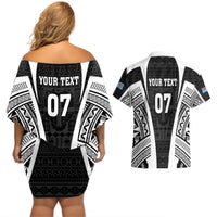 Personalised Fiji Rugby Couples Matching Off Shoulder Short Dress and Hawaiian Shirt 2023 World Cup History Makers - Black Ver LT7 - Polynesian Pride