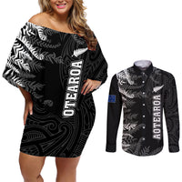 Personalised New Zealand Rugby Couples Matching Off Shoulder Short Dress and Long Sleeve Button Shirts Silver Fern Basic 2023 World Cup LT7 Black - Polynesian Pride