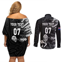 Personalised New Zealand Rugby Couples Matching Off Shoulder Short Dress and Long Sleeve Button Shirts Silver Fern Basic 2023 World Cup LT7 - Polynesian Pride