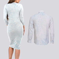 White Sunday Couples Matching Long Sleeve Bodycon Dress and Long Sleeve Button Shirt Plumeria Tatau Mix Tapa LT7 - Polynesian Pride