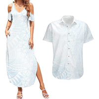 White Sunday Couples Matching Summer Maxi Dress and Hawaiian Shirt Plumeria Tatau Mix Tapa LT7 White - Polynesian Pride