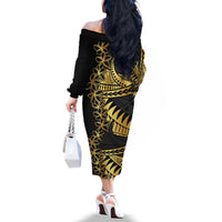 Polynesia Family Matching Off The Shoulder Long Sleeve Dress and Hawaiian Shirt Black & Gold Fancy Plumeria