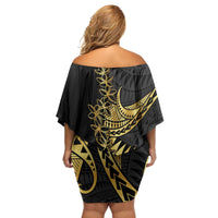 Polynesia Family Matching Off Shoulder Short Dress and Hawaiian Shirt Black & Gold Fancy Plumeria