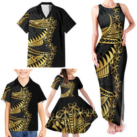 Polynesia Family Matching Tank Maxi Dress and Hawaiian Shirt Black & Gold Fancy Plumeria