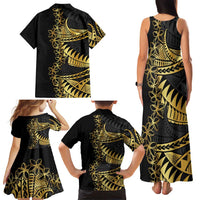 Polynesia Family Matching Tank Maxi Dress and Hawaiian Shirt Black & Gold Fancy Plumeria