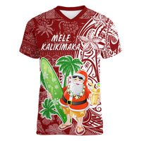 Hawaii Christmas Mele Kalikimaka Women V Neck T Shirt Santa Claus LT7 Female Red - Polynesian Pride