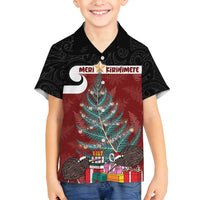 Personalised New Zealand Maori Christmas Family Matching Long Sleeve Bodycon Dress and Hawaiian Shirt Xmas Fern Mix Kowhawhai LT7 Son's Shirt Black - Polynesian Pride