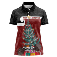 Personalised New Zealand Maori Christmas Women Polo Shirt Xmas Fern Mix Kowhawhai LT7 Female Black - Polynesian Pride