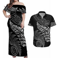 Aotearoa Personalized Lawn Bowls Maori Couples Matching Off Shoulder Maxi Dress and Hawaiian Shirt New Zealand Black Tribal Silver Fern LT7 Black - Polynesian Pride