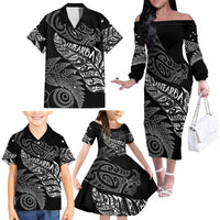 Aotearoa Personalized Lawn Bowls Maori Family Matching Off The Shoulder Long Sleeve Dress and Hawaiian Shirt New Zealand Black Tribal Silver Fern LT7 - Polynesian Pride