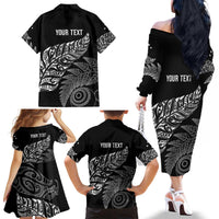 Aotearoa Personalized Lawn Bowls Maori Family Matching Off The Shoulder Long Sleeve Dress and Hawaiian Shirt New Zealand Black Tribal Silver Fern - Polynesian Pride