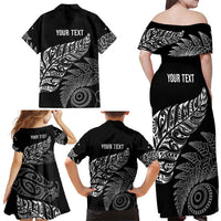 Aotearoa Personalized Lawn Bowls Maori Family Matching Off Shoulder Maxi Dress and Hawaiian Shirt New Zealand Black Tribal Silver Fern - Polynesian Pride