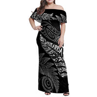 Aotearoa Personalized Lawn Bowls Maori Family Matching Off Shoulder Maxi Dress and Hawaiian Shirt New Zealand Black Tribal Silver Fern LT7 Mom's Dress Black - Polynesian Pride