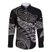 Aotearoa Personalized Lawn Bowls Maori Long Sleeve Button Shirt New Zealand Black Tribal Silver Fern - Polynesian Pride