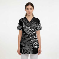 Aotearoa Personalized Lawn Bowls Maori Scrub Top New Zealand Black Tribal Silver Fern - Polynesian Pride