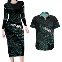 Aotearoa Personalized Lawn Bowls Maori Couples Matching Long Sleeve Bodycon Dress and Hawaiian Shirt New Zealand Paua Shell Tribal Silver Fern LT7 Green - Polynesian Pride