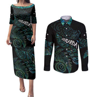 Aotearoa Personalized Lawn Bowls Maori Couples Matching Puletasi and Long Sleeve Button Shirt New Zealand Paua Shell Tribal Silver Fern LT7 Green - Polynesian Pride