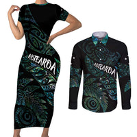 Aotearoa Personalized Lawn Bowls Maori Couples Matching Short Sleeve Bodycon Dress and Long Sleeve Button Shirt New Zealand Paua Shell Tribal Silver Fern LT7 Green - Polynesian Pride