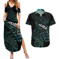 Aotearoa Personalized Lawn Bowls Maori Couples Matching Summer Maxi Dress and Hawaiian Shirt New Zealand Paua Shell Tribal Silver Fern LT7 Green - Polynesian Pride