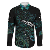 Aotearoa Personalized Lawn Bowls Maori Family Matching Off Shoulder Short Dress and Hawaiian Shirt New Zealand Paua Shell Tribal Silver Fern LT7 Dad's Shirt - Long Sleeve Green - Polynesian Pride