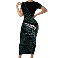 Aotearoa Personalized Lawn Bowls Maori Short Sleeve Bodycon Dress New Zealand Paua Shell Tribal Silver Fern LT7 Long Dress Green - Polynesian Pride