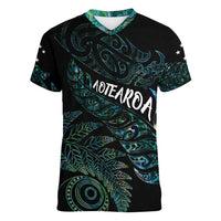 Aotearoa Personalized Lawn Bowls Maori Women V-Neck T-Shirt New Zealand Paua Shell Tribal Silver Fern - Polynesian Pride