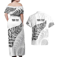 Aotearoa Personalized Lawn Bowls Maori Couples Matching Off Shoulder Maxi Dress and Hawaiian Shirt New Zealand White Tribal Silver Fern LT7 - Polynesian Pride