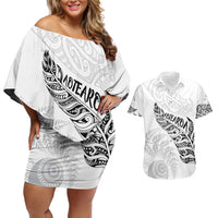 Aotearoa Personalized Lawn Bowls Maori Couples Matching Off Shoulder Short Dress and Hawaiian Shirt New Zealand White Tribal Silver Fern LT7 White - Polynesian Pride