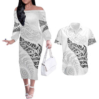 Aotearoa Personalized Lawn Bowls Maori Couples Matching Off The Shoulder Long Sleeve Dress and Hawaiian Shirt New Zealand White Tribal Silver Fern LT7 White - Polynesian Pride