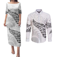 Aotearoa Personalized Lawn Bowls Maori Couples Matching Puletasi and Long Sleeve Button Shirt New Zealand White Tribal Silver Fern LT7 White - Polynesian Pride