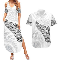 Aotearoa Personalized Lawn Bowls Maori Couples Matching Summer Maxi Dress and Hawaiian Shirt New Zealand White Tribal Silver Fern LT7 White - Polynesian Pride