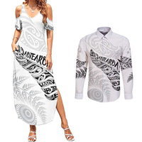Aotearoa Personalized Lawn Bowls Maori Couples Matching Summer Maxi Dress and Long Sleeve Button Shirt New Zealand White Tribal Silver Fern LT7 White - Polynesian Pride