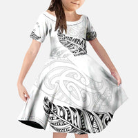 Aotearoa Personalized Lawn Bowls Maori Family Matching Off The Shoulder Long Sleeve Dress and Hawaiian Shirt New Zealand White Tribal Silver Fern LT7 Daughter's Dress White - Polynesian Pride