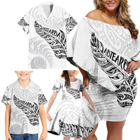 Aotearoa Personalized Lawn Bowls Maori Family Matching Off Shoulder Short Dress and Hawaiian Shirt New Zealand White Tribal Silver Fern LT7 - Polynesian Pride