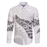 Aotearoa Personalized Lawn Bowls Maori Family Matching Off Shoulder Short Dress and Hawaiian Shirt New Zealand White Tribal Silver Fern LT7 Dad's Shirt - Long Sleeve White - Polynesian Pride
