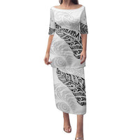 Aotearoa Personalized Lawn Bowls Maori Family Matching Puletasi and Hawaiian Shirt New Zealand White Tribal Silver Fern LT7 Mom's Dress White - Polynesian Pride